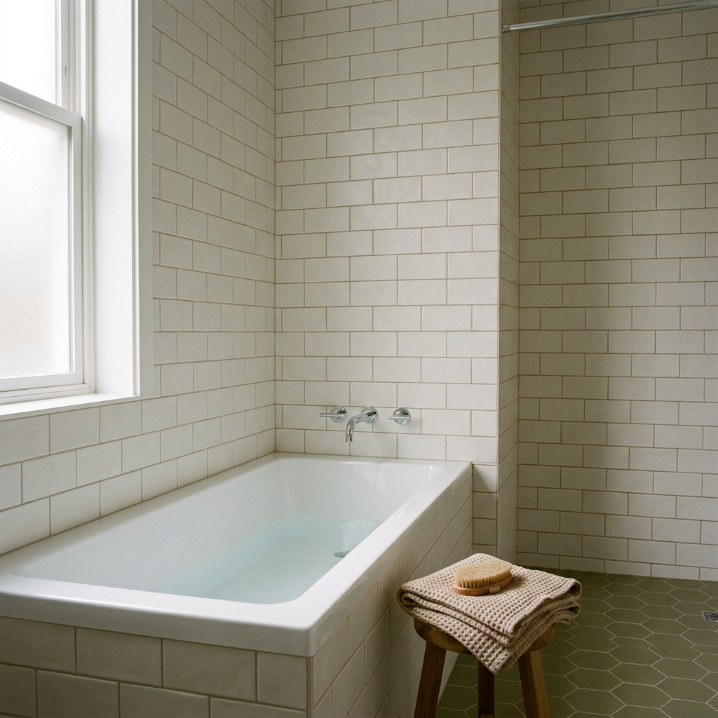 Finished bathroom with a tiled wall