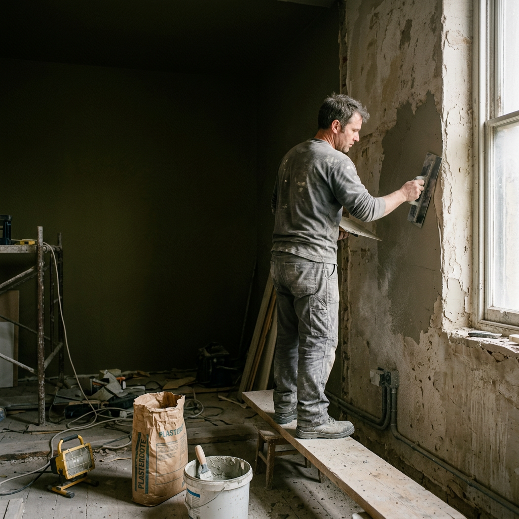 A tradesman finishing a wall beside a window